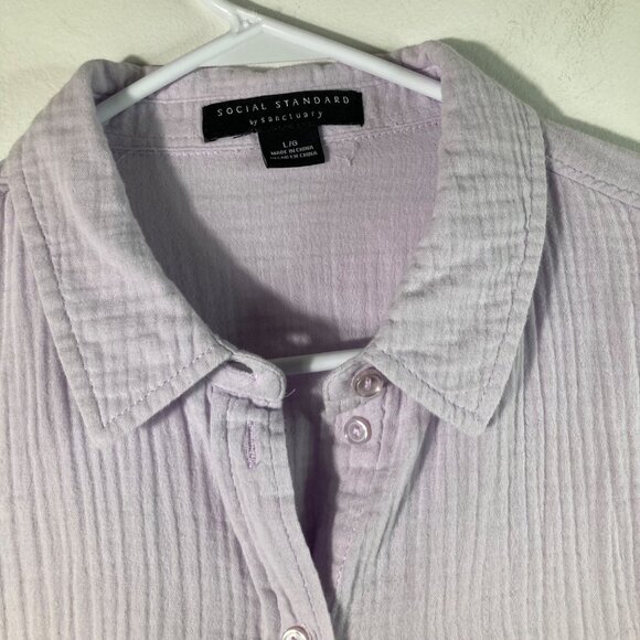 Womens Social Standard Gauze Long Sleeve Button Shirt Lilac L Cotton Pockets Rol - Picture 4 of 10